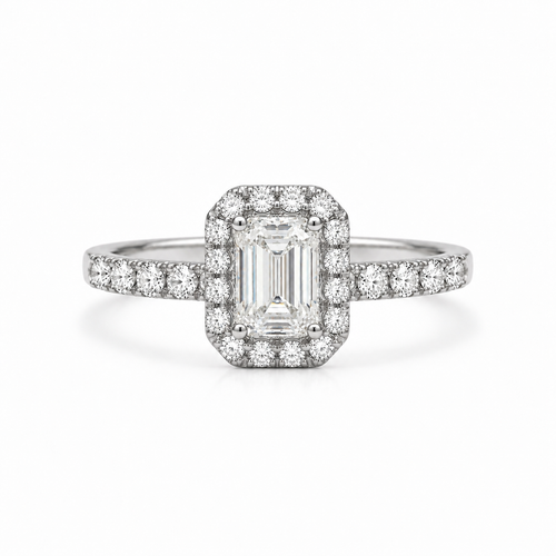 Anillo Halo Diamante Corte Esmeralda